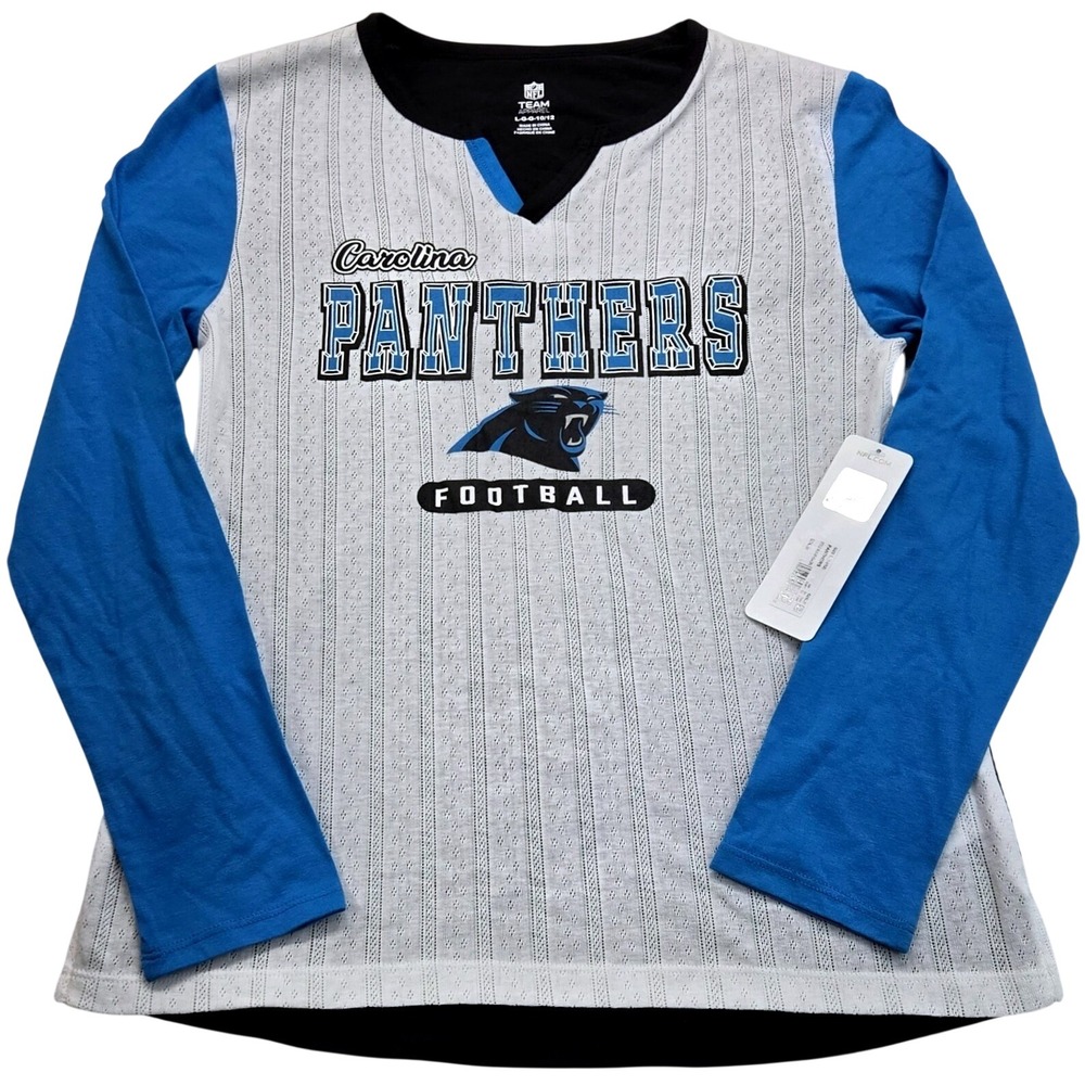 NFL Apparel Carolina Panthers Girls L 10/12 Long Sleeve Graphic Tee Grey Blue